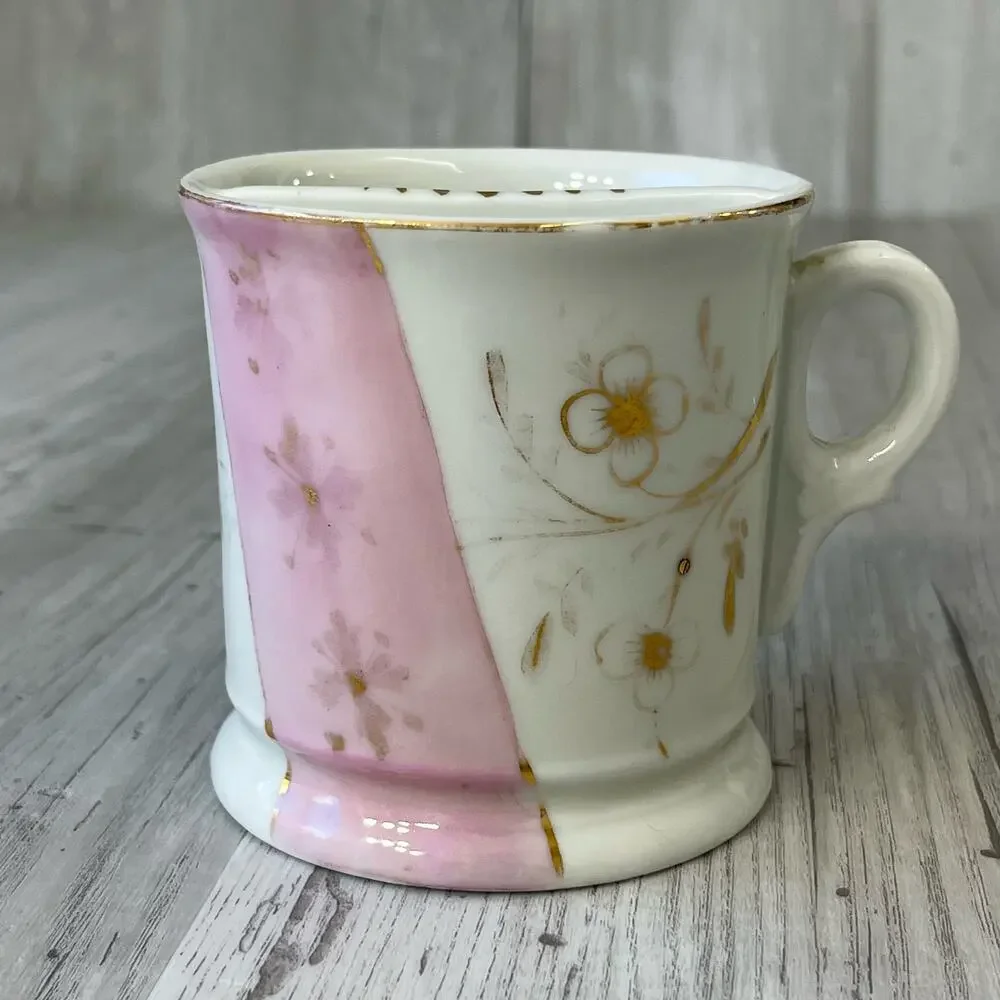 Vintage White Pink Floral Accent Gold Trim Shaving Mug Cup Decor